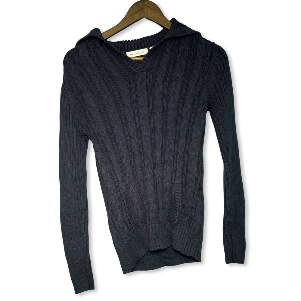 Liz Claiborne Navy Cable Knit V-Neck Sweater M - Cotton Blend Classic